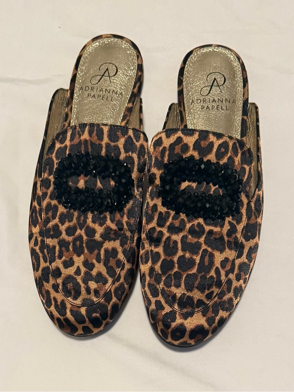 Adriana Papell Leopard Black Brown Beaded Low Heel Slide Mules Shoes Size 8M